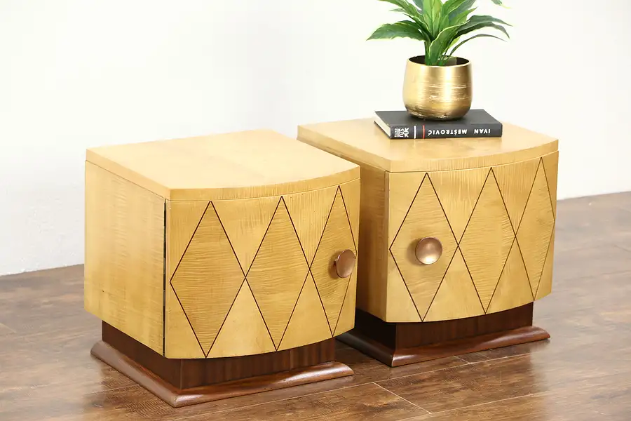 Main image of Midcentury Modern Pair 60's Vintage French Curly Birch Nightstands or End Tables