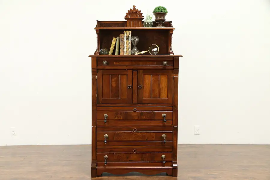Main image of Victorian Eastlake Antique Walnut Chest or Cabinet, Secret Iron Safe