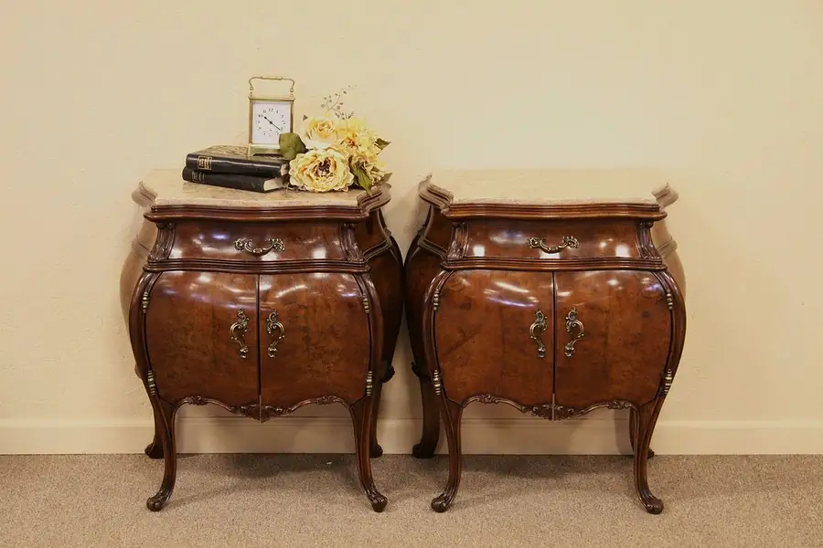 Main image of Bombe Burl Antique Pair of Carved Nightstands