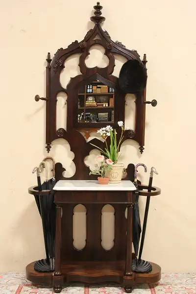 Main image of Victorian Gothic 1850 Rosewood Hall Stand, Marble Top