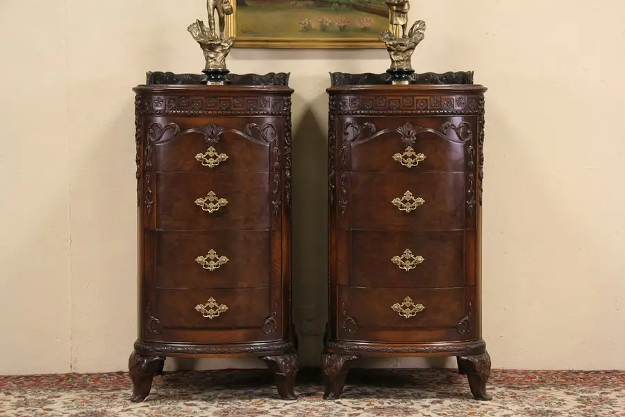 Main image of Pair Carved 1900 Antique Tall Pedestal Chests or Cabinets