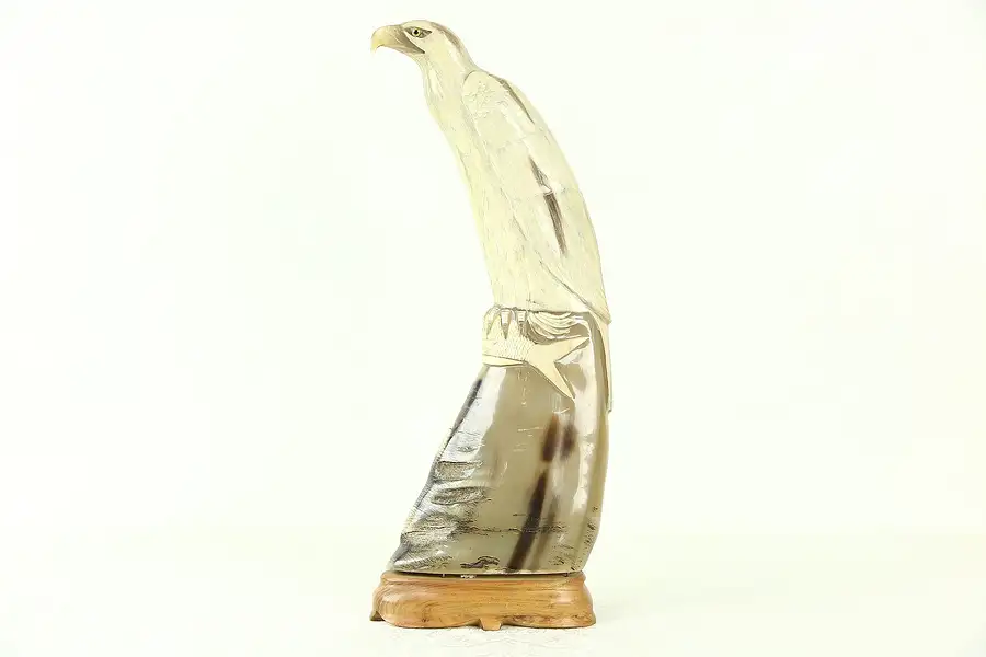 Main image of Bird Sculpture, Hand Carved Buffalo Horn, Thailand Folk Art 17" Tall