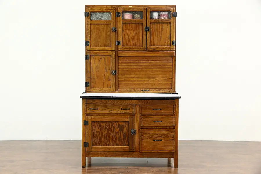 Main image of Hoosier Oak Antique Kitchen Pantry Cupboard, Roll Top, Flour Sifter Enamel Top