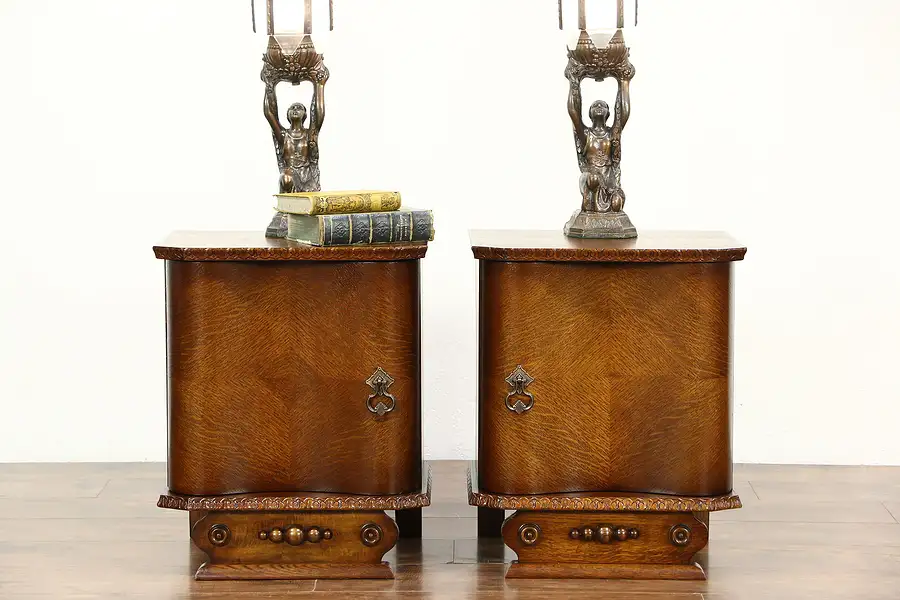 Main image of Art Deco 1930 Vintage Carved Oak Pair of Nightstands, Italy
