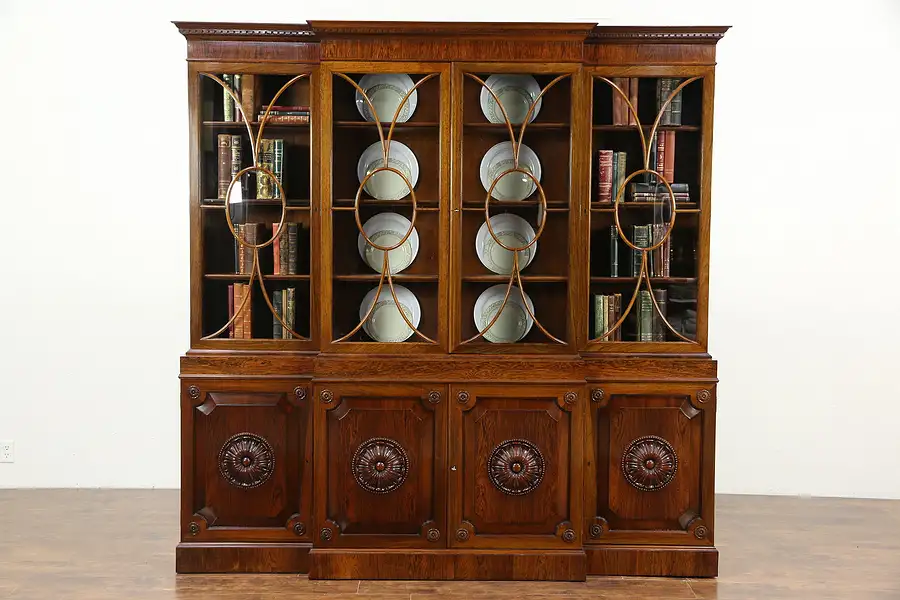 Main image of Rosewood Vintage Classical Breakfront China Cabinet or Bookcase, Convex Glass