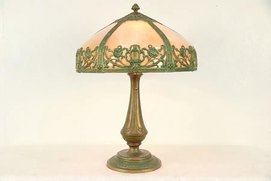 Main image of Stained Glass Curved Panel Filigree Round Shade Lamp, 1915 Antique