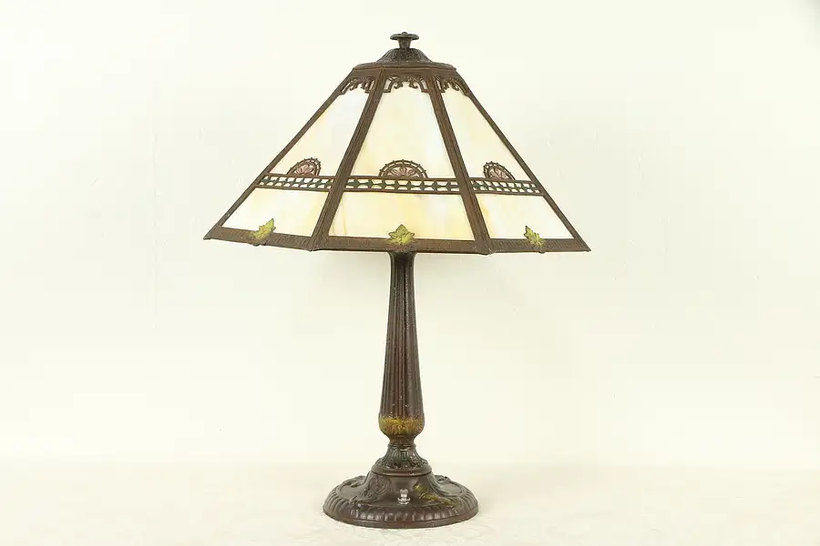 Main image of Hand Painted Antique Lamp, Stained Glass 8 Panel Shade