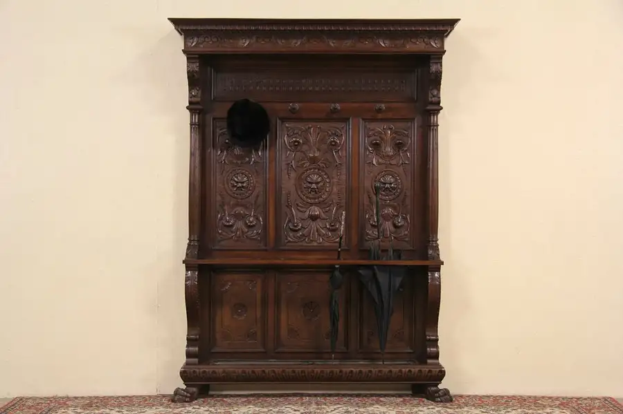 Main image of Hall or Dressing Stand, 1890 Italian Antique Carved Lion Heads & Paws