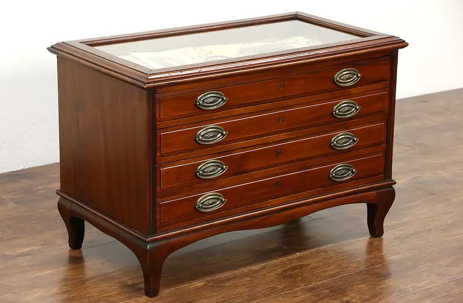 Main image of English 1900 Antique Collector Cabinet, Map Chest or Document File, Glass Top