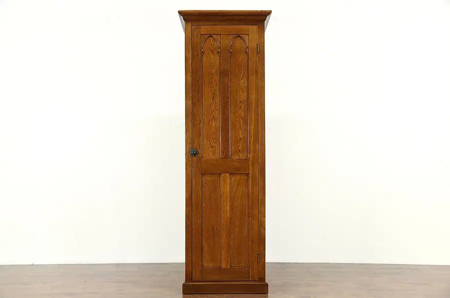 Main image of Gothic Carved Antique 1890 Oak Armoire, Closet or Pantry Cabinet