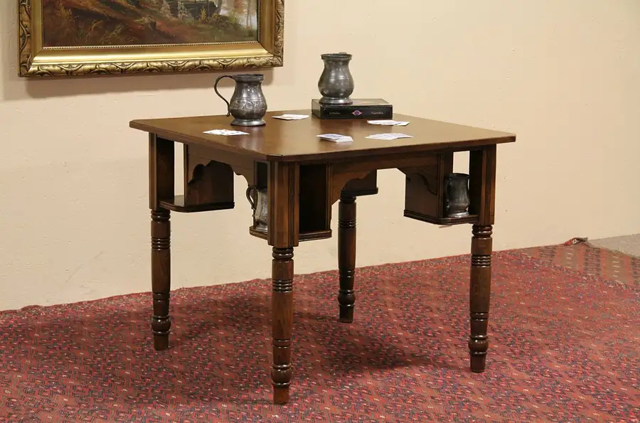 Main image of Oak Antique 1890 Pub or Tavern Game Table, Mug Shelves
