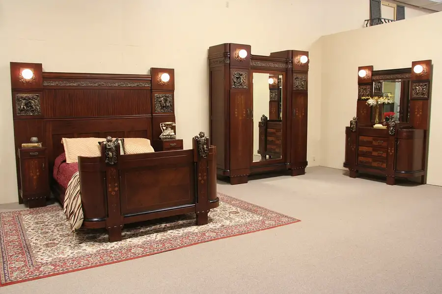 Main image of Italian 1915 Queen Size Bedroom Set, Marble & Bronze Cherubs