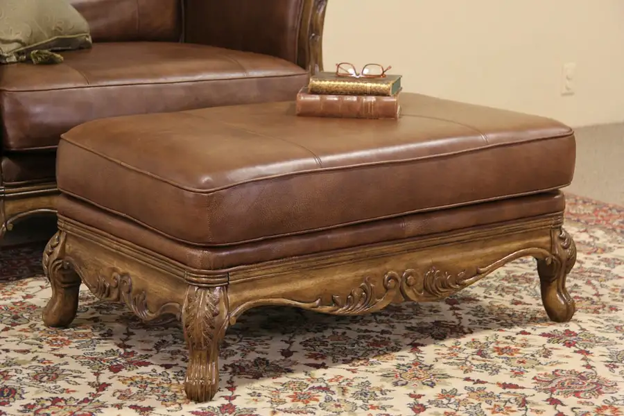 Main image of Bernhardt Country French Leather & Carved Fruitwood Vintage Ottoman or Stool