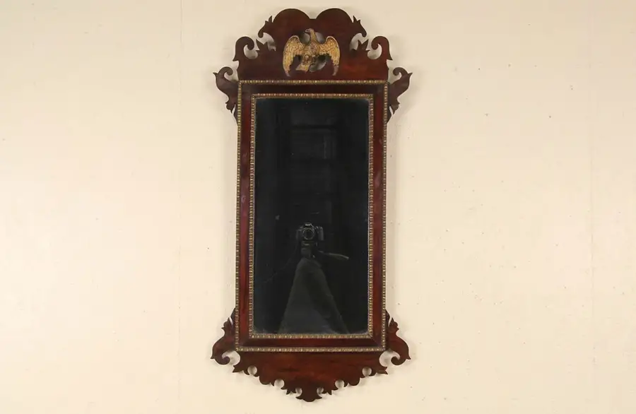 Main image of Georgian Style 1915 Antique Mahogany Mirror, Carved Eagle