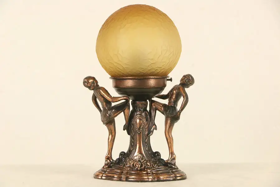 Main image of Art Deco 1935 Vintage Lamp, Dancers, Etched Glass Ball Shade