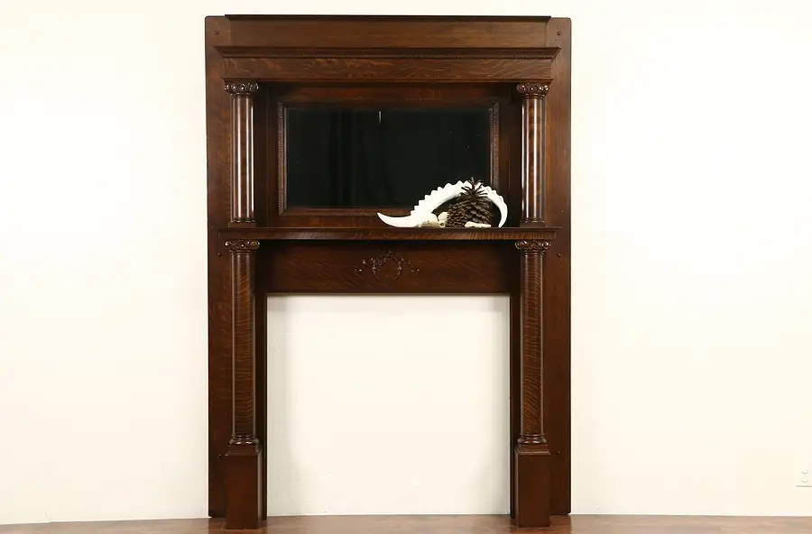 Main image of Oak Fireplace Mantel, Mirror & Columns, 1900 Antique Architectural Salvage