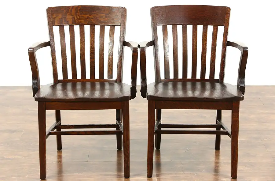 Main image of Pair of Antique 1910 Quartersawn Oak Banker, Office or Library Chairs