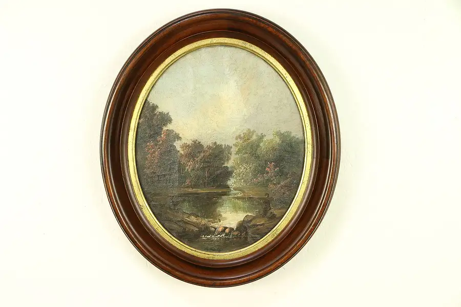 Main image of Fishing at a Pond, Antique 1850's Original Oil Painting Oval Walnut Frame