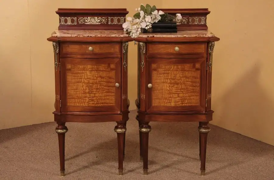Main image of Pair of French Marble Top Bedside Tables Nightstands