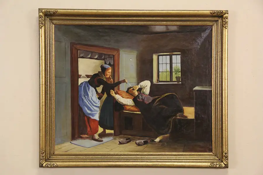 Main image of Awakening a Sleeper, Original 1880 Antique Dutch Oil Painting, 56