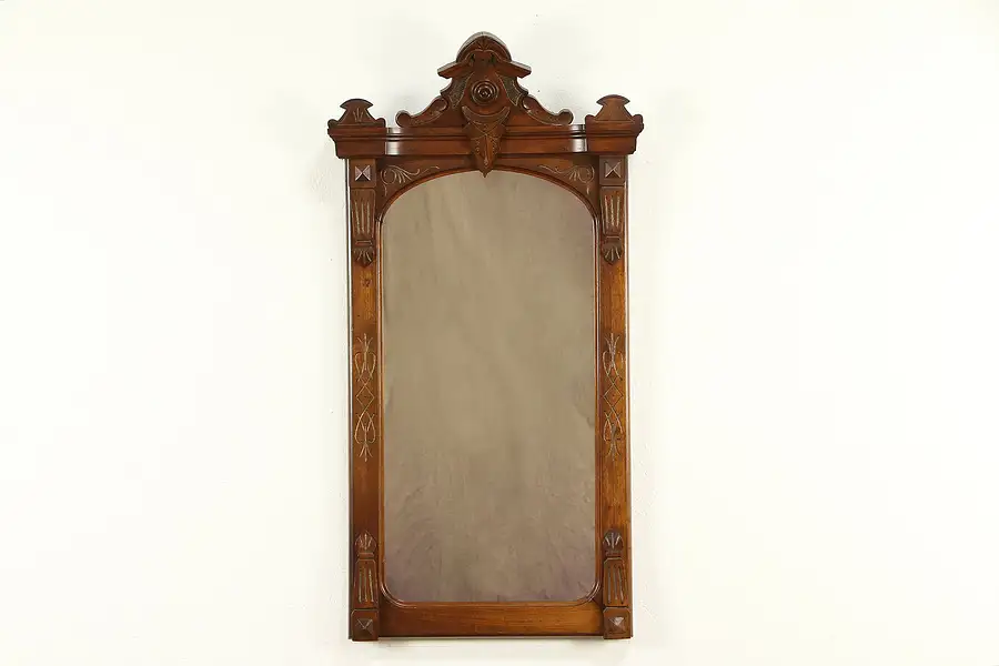 Main image of Victorian Antique 1880 Hand Carved Walnut Hall Mirror