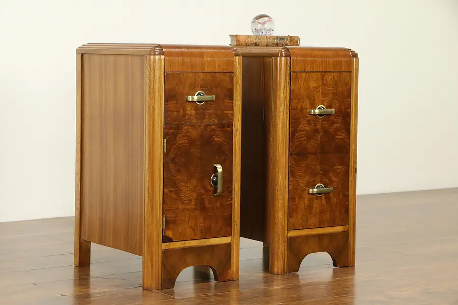 Main image of Pair of Art Deco Waterfall VIntage Nightstands, Bakelite & Brass Handles