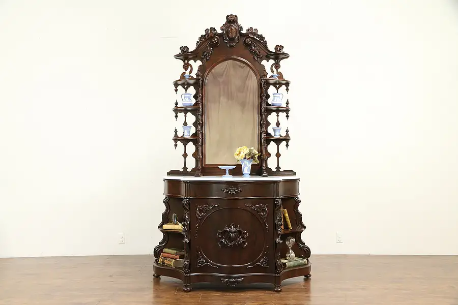 Main image of Victorian Antique Rosewood Etagere Display Cabinet, Marble Top
