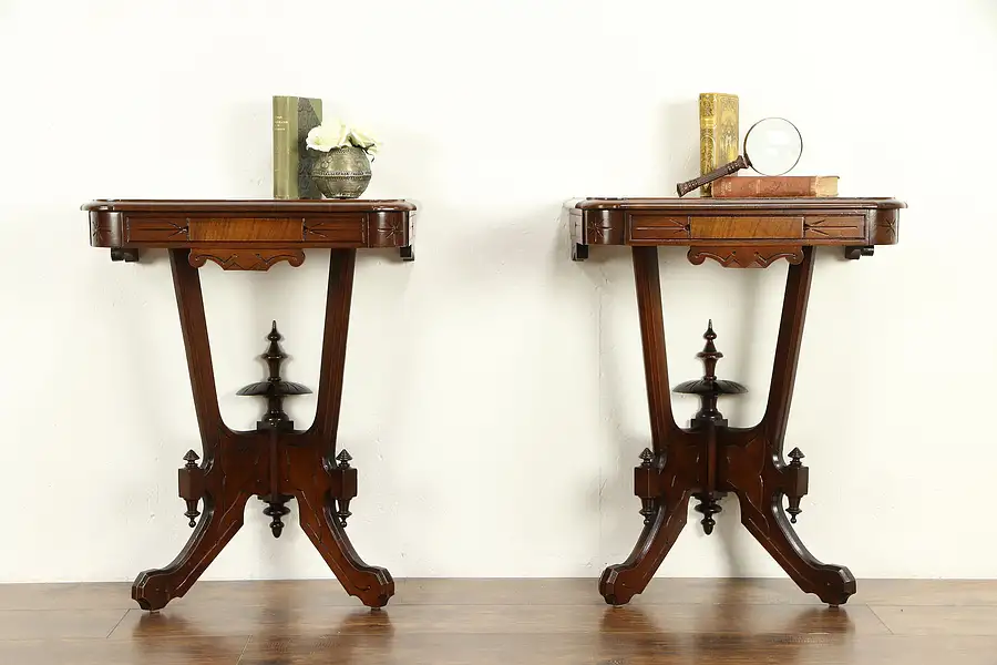 Main image of Pair of Victorian Eastlake Antique Walnut Wall Console Tables