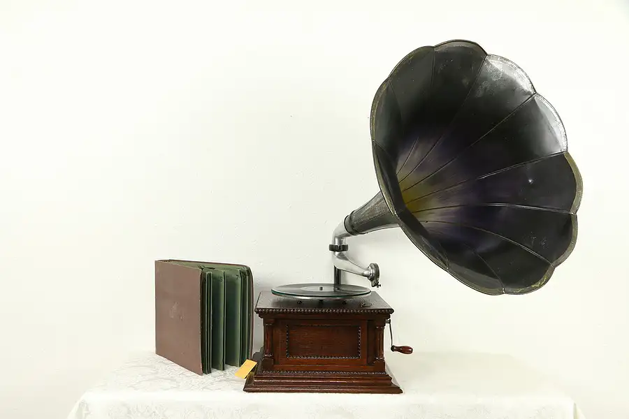Main image of Oak Record Player Antique Phonograph, Morning Glory Horn, Talkaphone