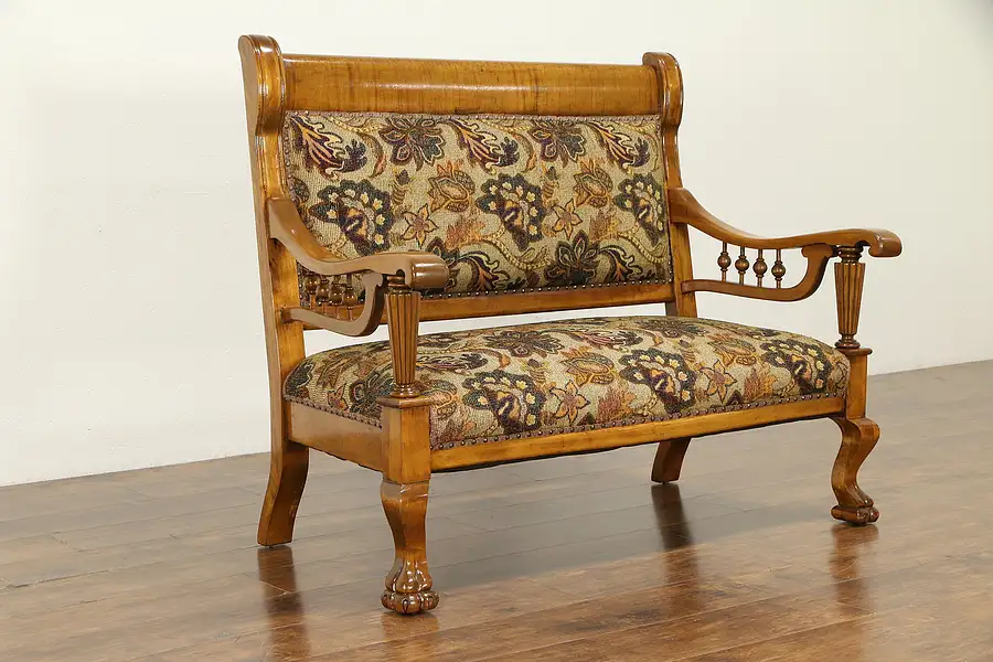 Main image of Victorian Antique 1900 Loveseat or Hall Bench, Carved Lion Paw Feet