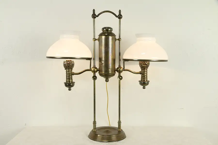 Main image of Victorian Antique Brass Double Desk Oil Lamp, Electrified, Manhattan 1876