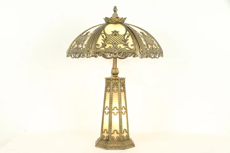Main image of Stained Glass Panel Shade Antique Lamp, Lighted Base, Bronze Finish
