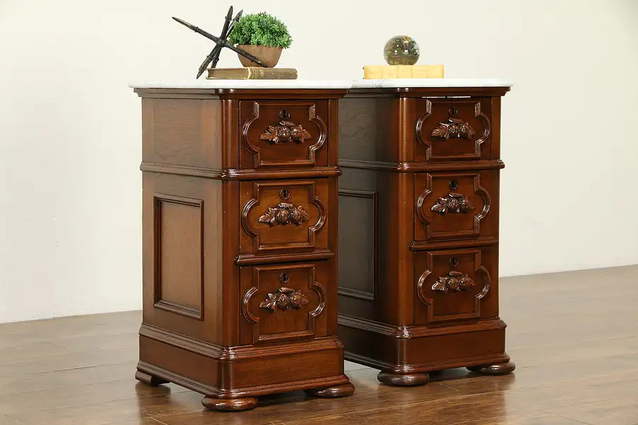 Main image of Pair of Victorian Antique Carved Walnut Nightstands or End Tables, Marble