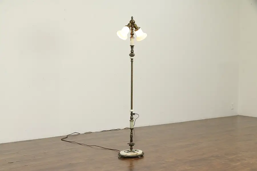 Main image of Onyx, Brass & Iron Antique Floor Lamp, Etched Glass Shades