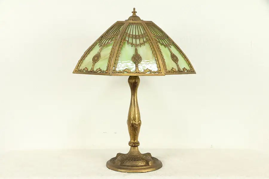 Main image of Stained Glass Antique 1915 Lamp, 8 Curved Panel Filigree Shade