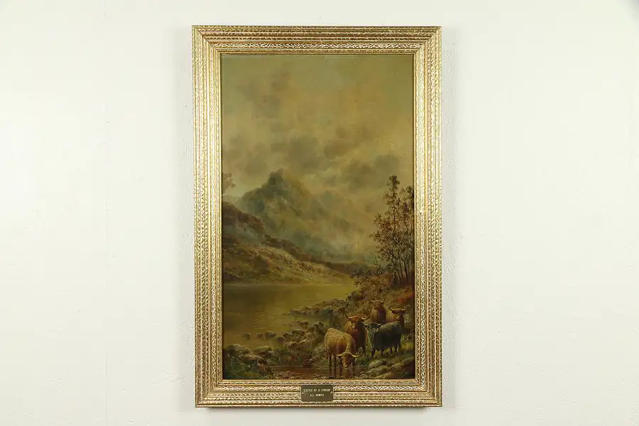 Main image of Cattle by a Stream Original Antique Oil Painting, A S Howell 1918