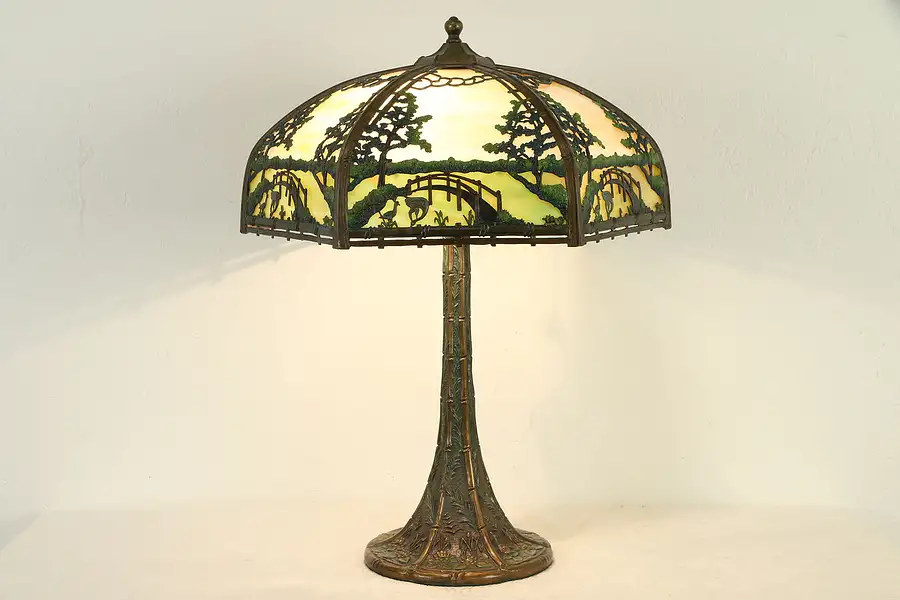 Main image of Stained Glass Panel Shade Antique Lamp, Painted Pond, Bridge & Swan Motif