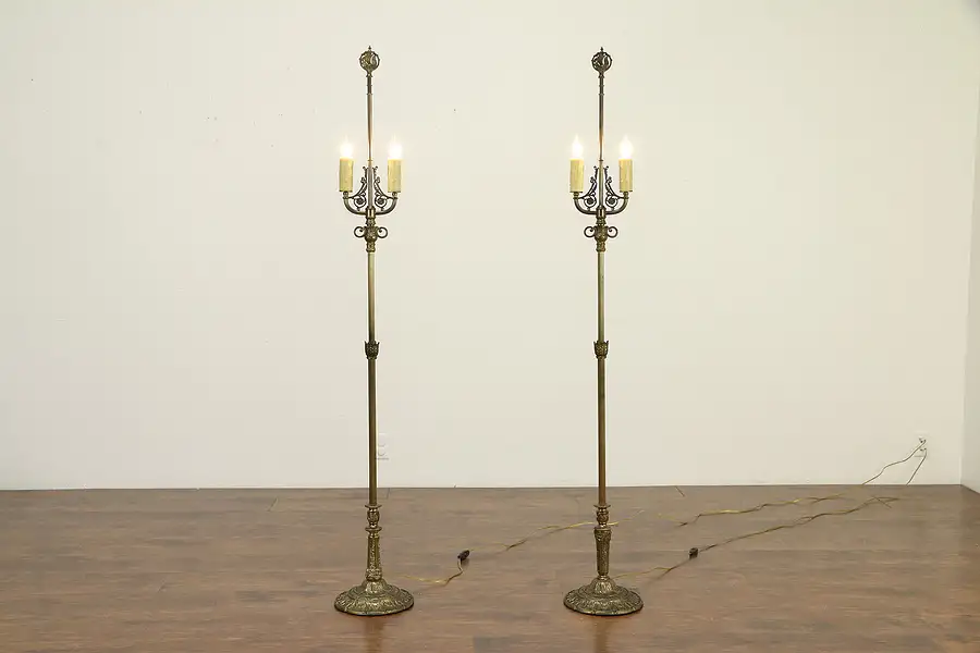 Main image of Pair of Brass Antique 2 Candle Floor Lamps, Viking Ship Finials