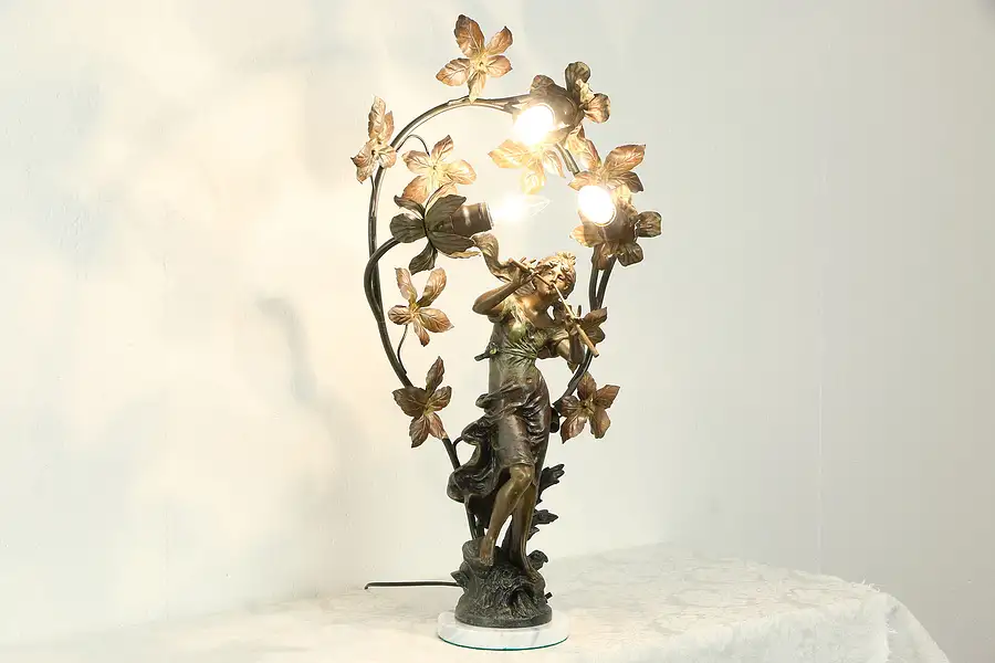 Main image of Flutist Antique Art Nouveau Sculpture, Newel Post Lamp