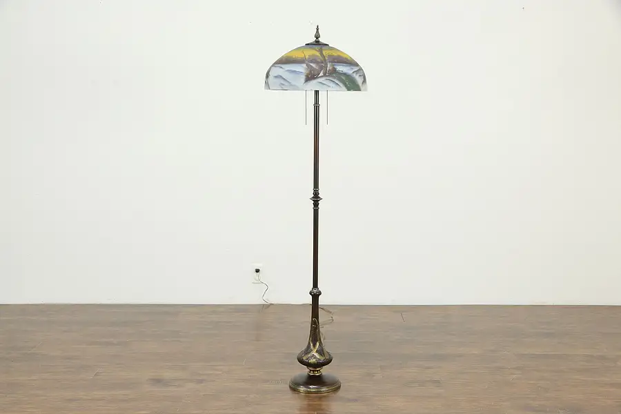 Main image of Reverse Hand Painted Glass Shade Antique 1915 Floor Lamp