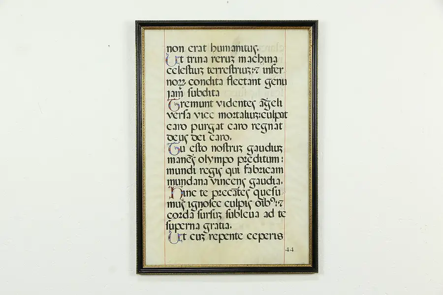 Main image of Musical Antique 1600's Latin Manuscript, Hand Painted on Vellum, Framed