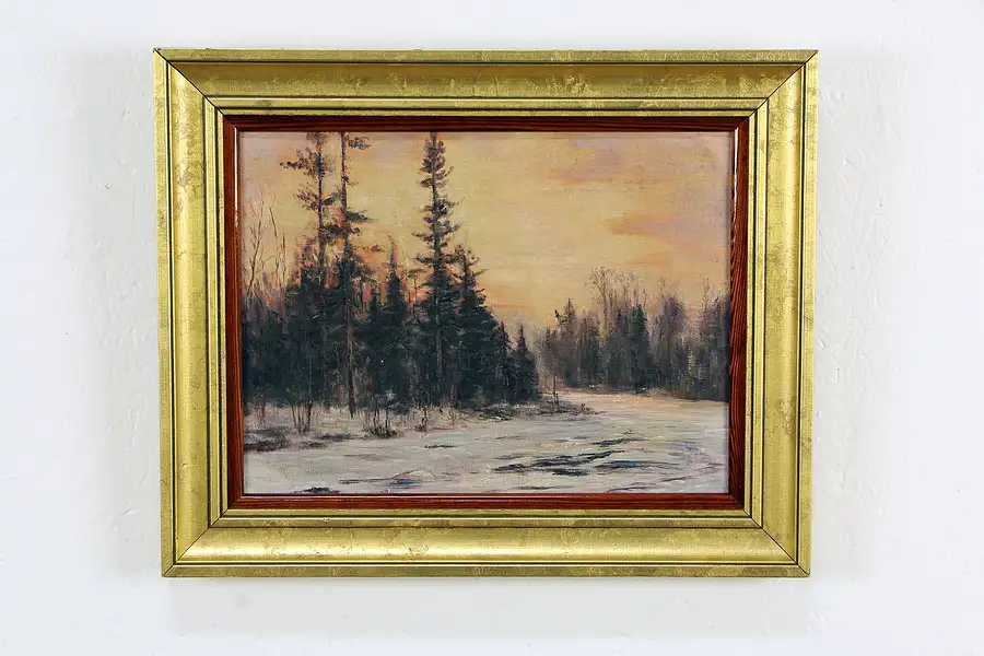 Main image of Sunset in Winter Antique Original Oil Painting 16", Gold Leaf Frame