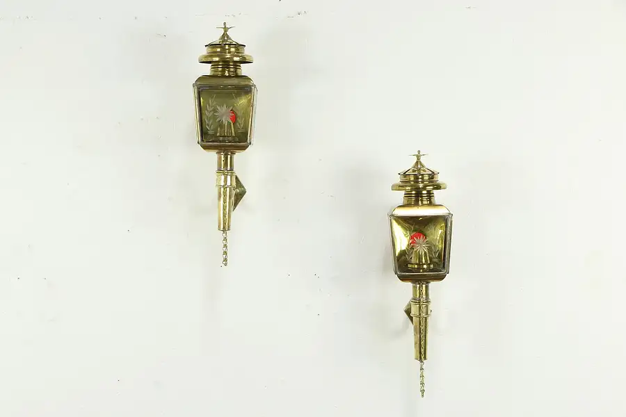 Main image of Pair of Antique English Brass Oil Carriage Lanterns, Cut Glass