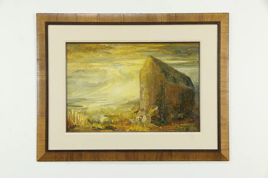 Main image of Barn at Sunset Vintage Original Oil Painting, Signed Georges Brunon 41"