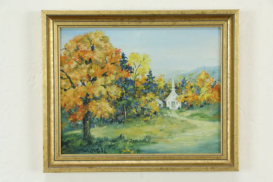 Main image of Country Church in Fall Vintage Original Oil Painting 11 1/2" T Wustefeld