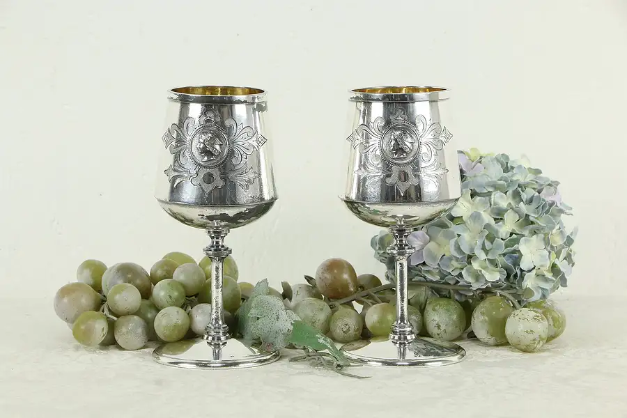 Main image of Pair Victorian Antique Silverplate Mercury Head Goblets, Rogers Smith