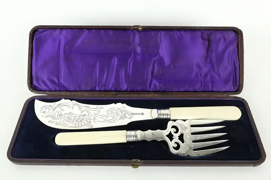 Main image of Victorian English Antique Silverplate Fish Serving Set Leather Case