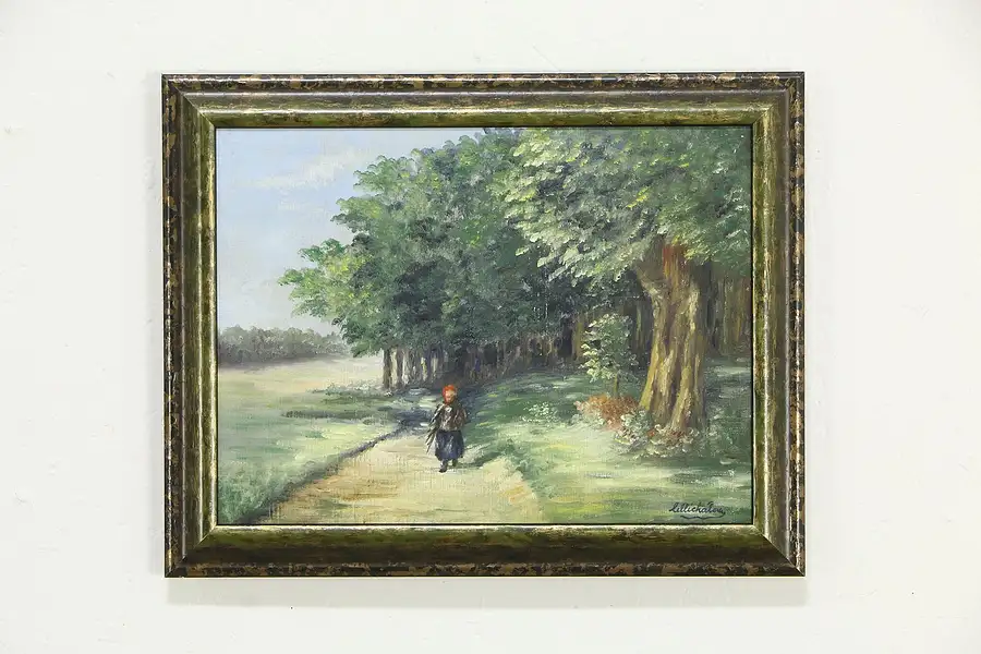 Main image of Walking on a Sun Dappled Path Vintage Original Oil Painting, Signed 19"