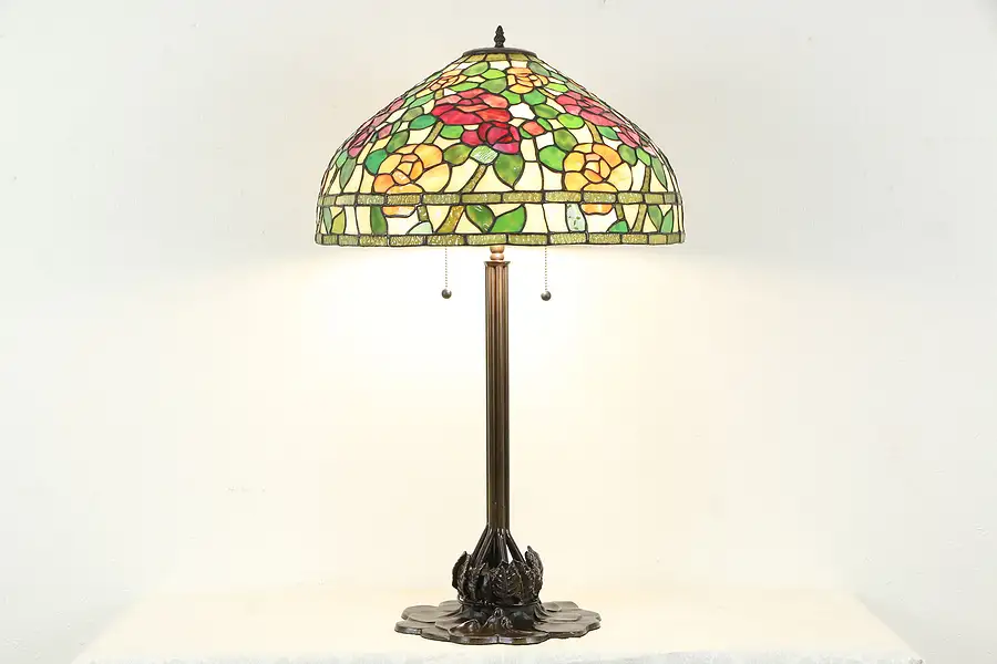 Main image of Tiffany Style Bronze Lamp, Lily Base, 21" Leaded Stained Glass Shade
