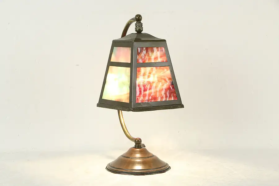 Main image of Arts & Crafts Mission Antique Brass Lamp, Stained Glass Craftsman Shade